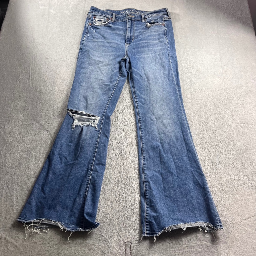 American Eagle Super Hi-Rise Flare Jeans Distressed Blue Size 10 Reg